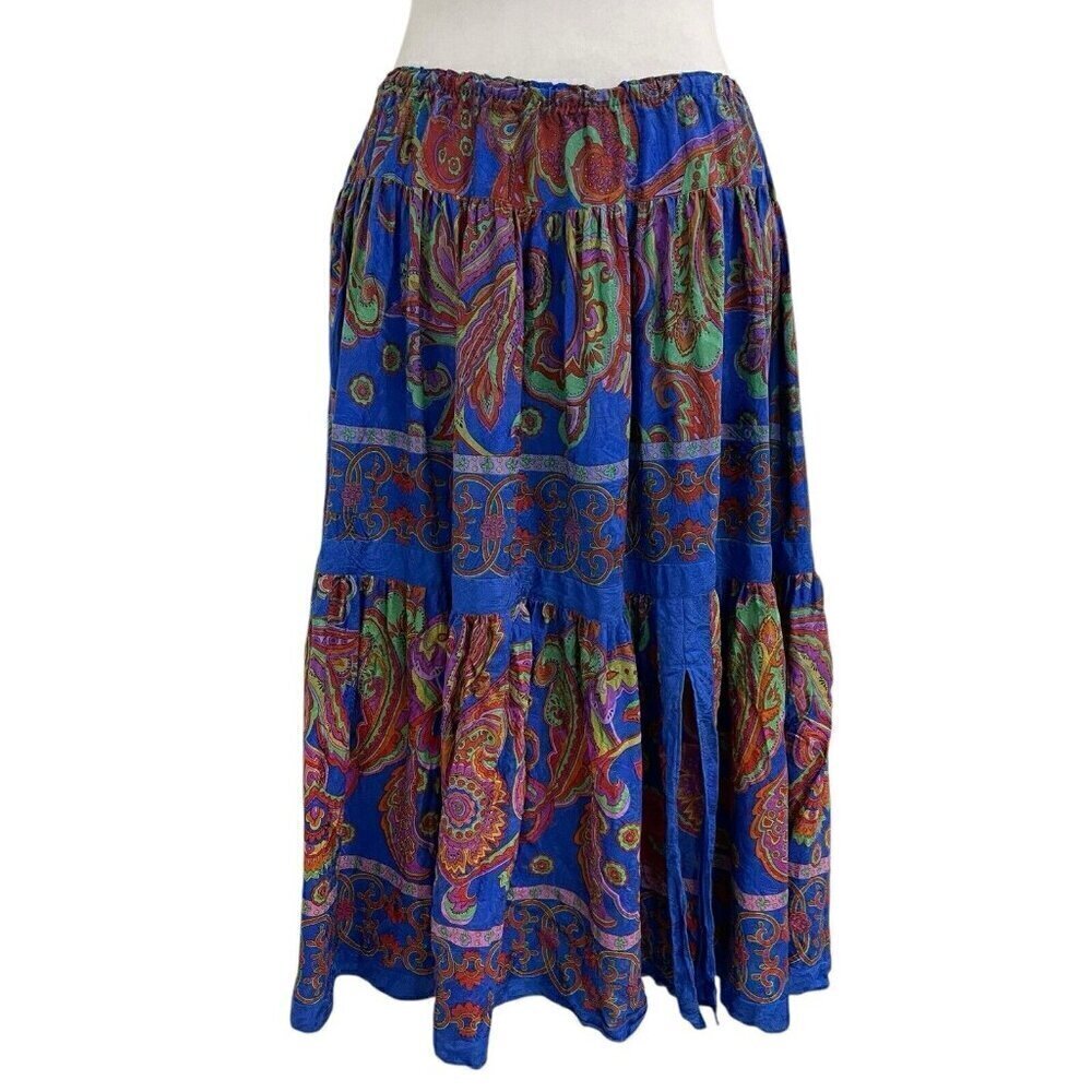 Vintage 100% Silk Colorful Paisley Floral Midi Skirt Side Slit size XL/1X